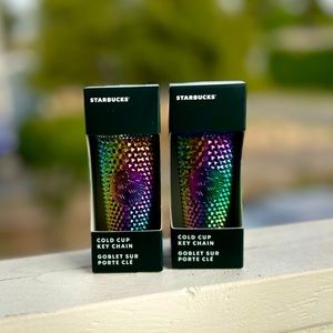 NWT Starbucks Halloween 2023 Black Rainbow Oil-slick Bling Studded Keychain Set